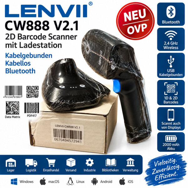 LENVII CW888 V2.1 2D Barcode Scanner Bluetooth Wireless USB + Ladestation NEU