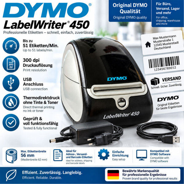 DYMO LabelWriter 450 Etikettendrucker 300 dpi USB – geprüft + Netzteil