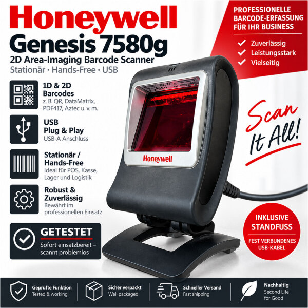 Honeywell Genesis 7580g 2D Barcode Scanner USB Stand Tested