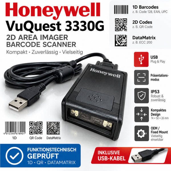 Honeywell VuQuest 3330G 2D Barcode Scanner USB QR DataMatrix Tested
