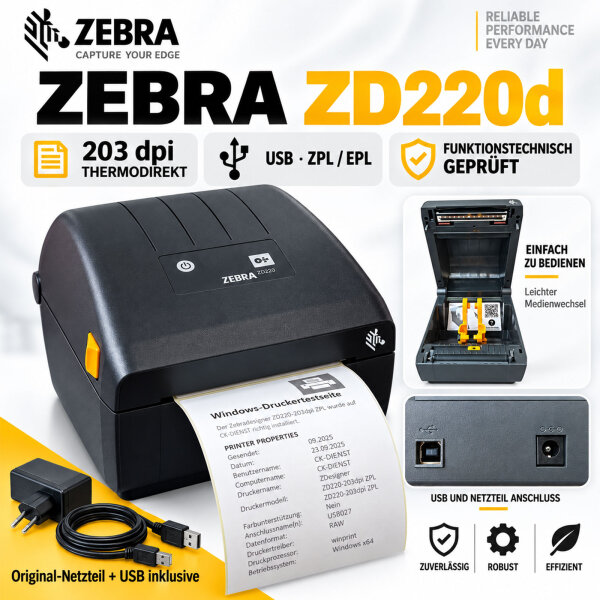Zebra ZD220d Etikettendrucker 203 dpi Thermodirekt USB – geprüft – inkl. Netzteil