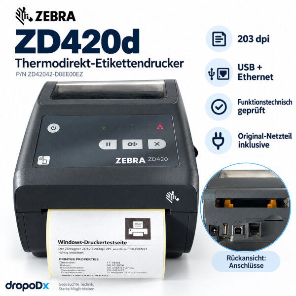 Zebra ZD420d Thermodirekt-Etikettendrucker 203 dpi USB LAN geprüft