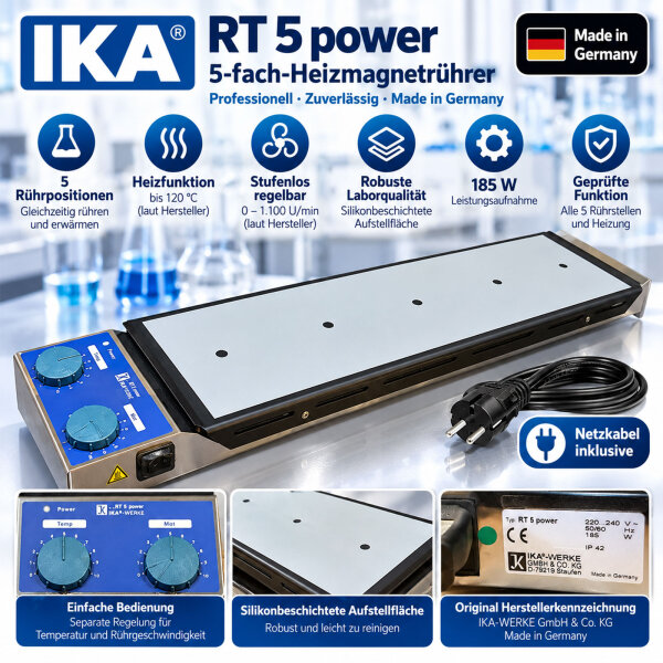IKA RT 5 power – 5-Position Heated Magnetic Stirrer, 185 W, Tested, Used
