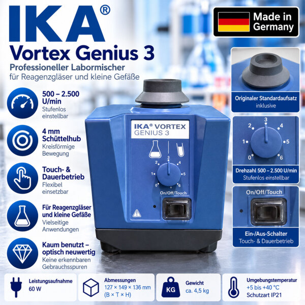 IKA Vortex Genius 3 – Labormischer, 500–2.500 U/min, neuwertig, geprüft