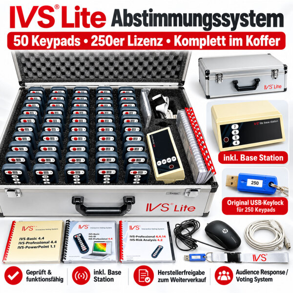 IVS Lite Funk-Abstimmungssystem mit 50 Keypads, Basisstation und Softwarelizenz für 250 Teilnehmer – geprüft – Originalkoffer