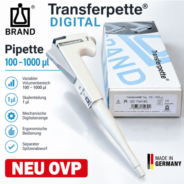 BRAND Transferpette Digital Pipette 100–1000 µL – REF 704180 – New in Original Box