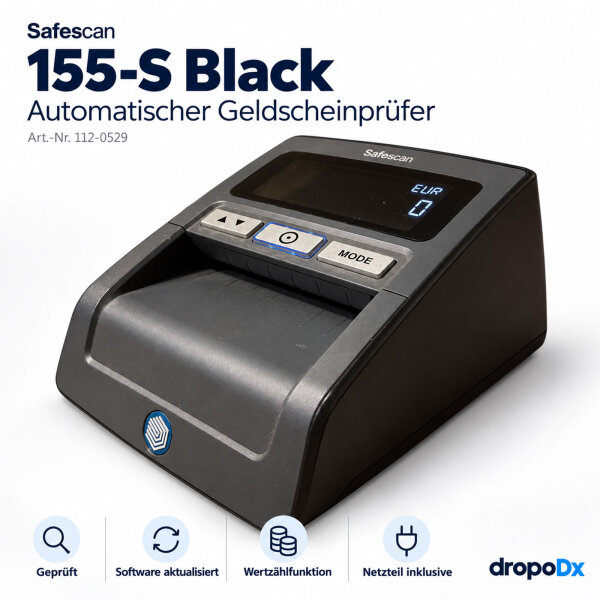 Safescan 155-S Black Geldscheinprüfer mit Wertzählung – geprüft, Software aktualisiert, inkl. Netzteil