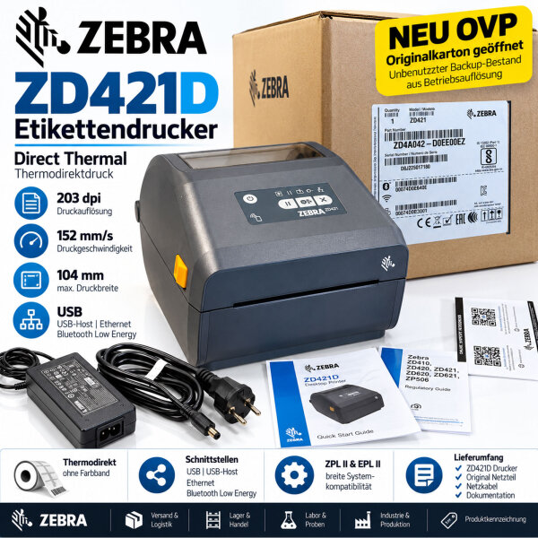 Zebra ZD421D Etikettendrucker 203 dpi Thermodirekt LAN USB NEU OVP